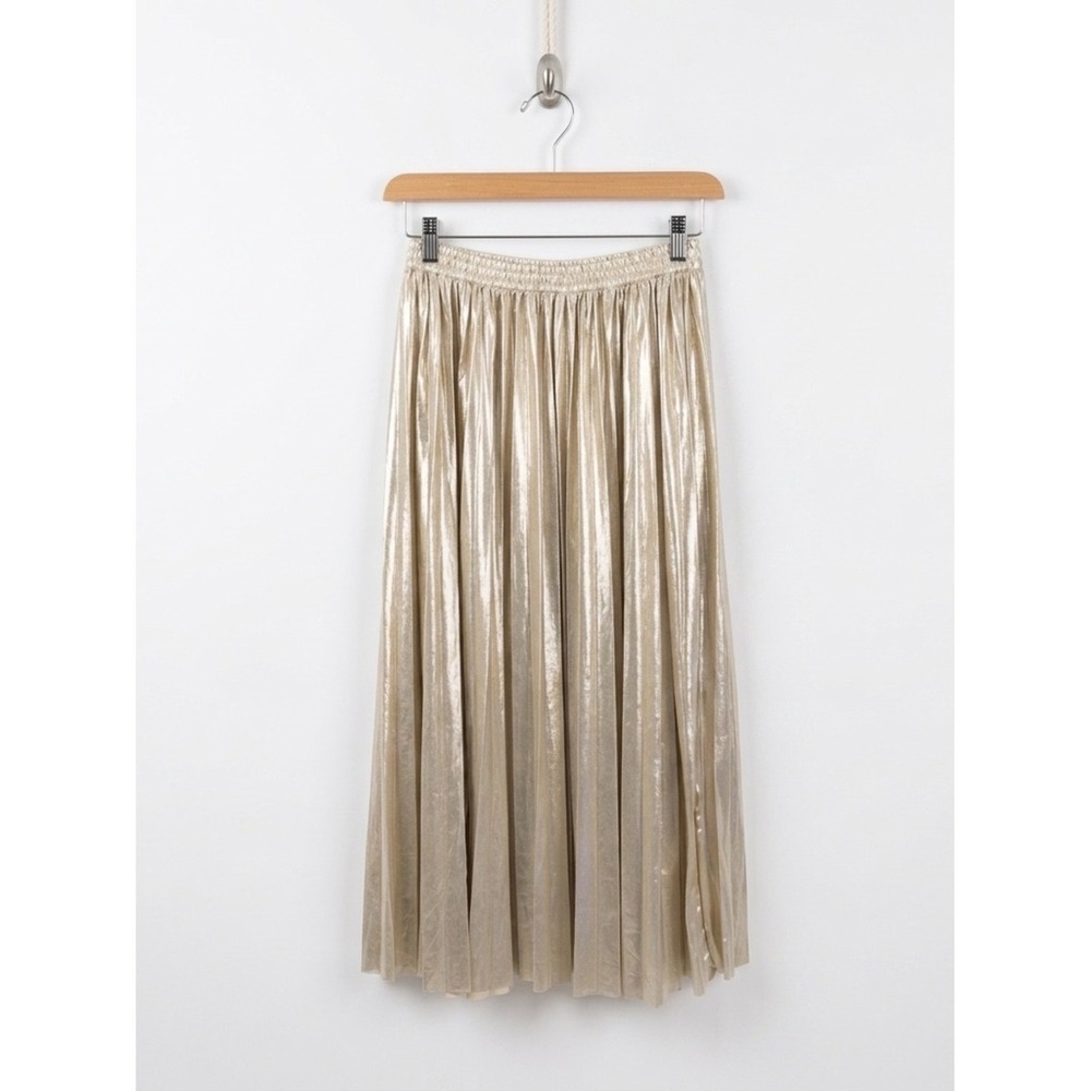 En Saison Gold Metallic Pleated Midi Skirt Elastic Waist Festive Holiday Medium